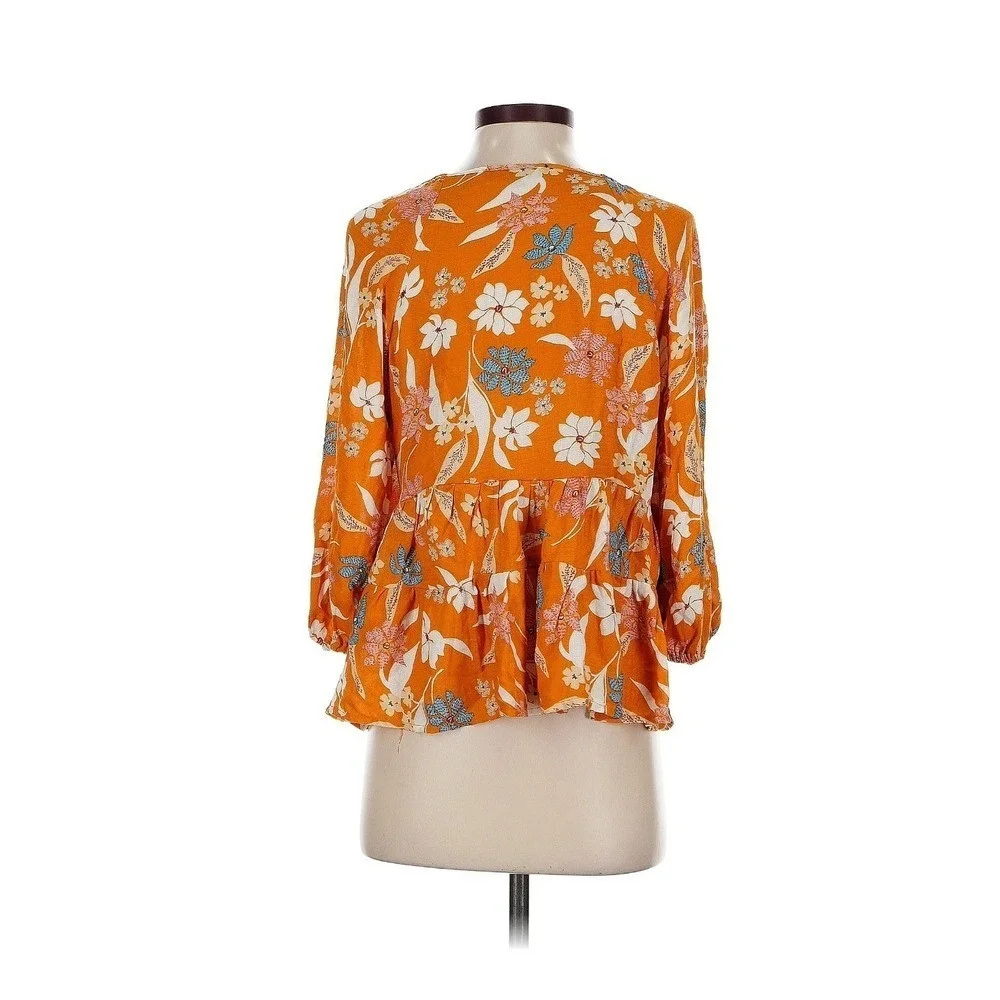RACHEL Rachel Roy Orange Floral 3/4 Sleeve Plunge Peplum Blouse Size S